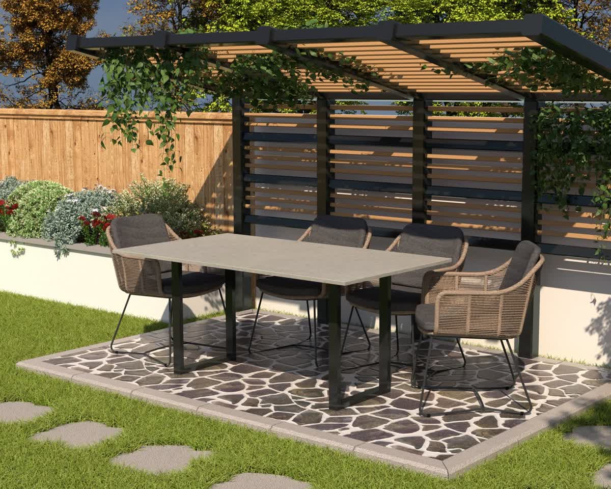 Outdoor stone dining table on a terrace