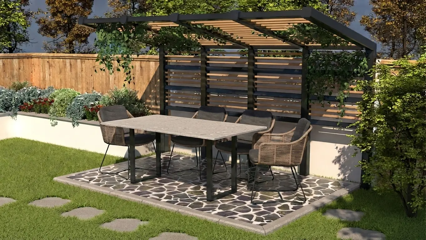 Cavara outdoor dining table shown in Jura Grey porcelain on a rust-resistant aluminium frame