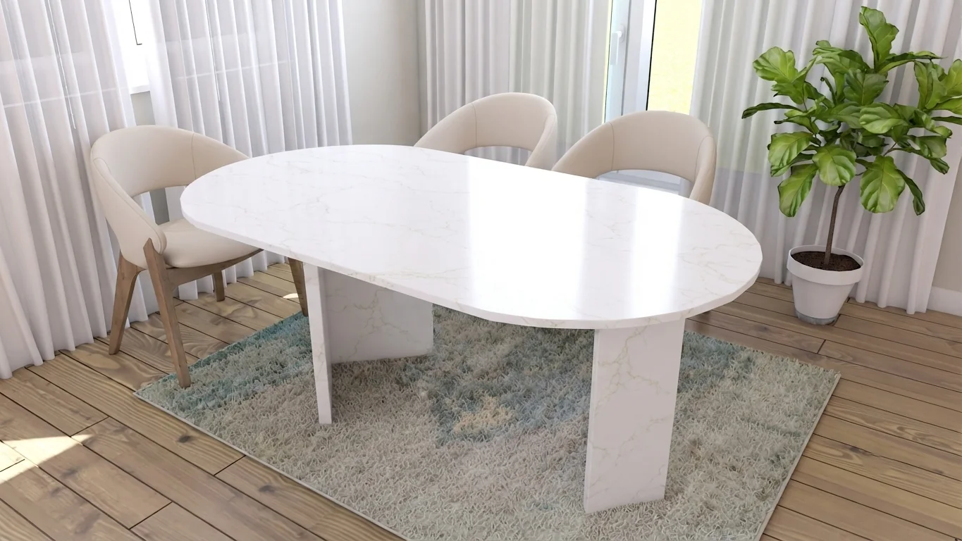 Veneto oval dining table shown in Avalanche quartz with V-shaped legs